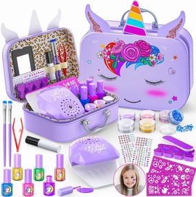 Kids Nail Polish Set for Girls, Nail Art Kit with Non-Toxic Nail Polish & DIY Nail Stickers, Kids Nail kit with Nail Dryer and Peelable Nail Polish, Gift Toys for Girls Age 3-12