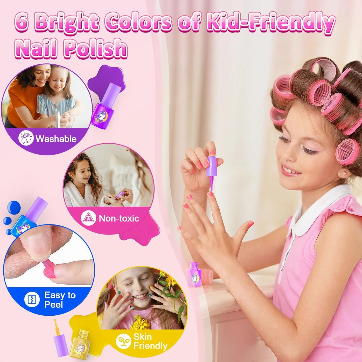 Kids Nail Polish Set for Girls, Nail Art Kit with Non-Toxic Nail Polish & DIY Nail Stickers, Kids Nail kit with Nail Dryer and Peelable Nail Polish, Gift Toys for Girls Age 3-12