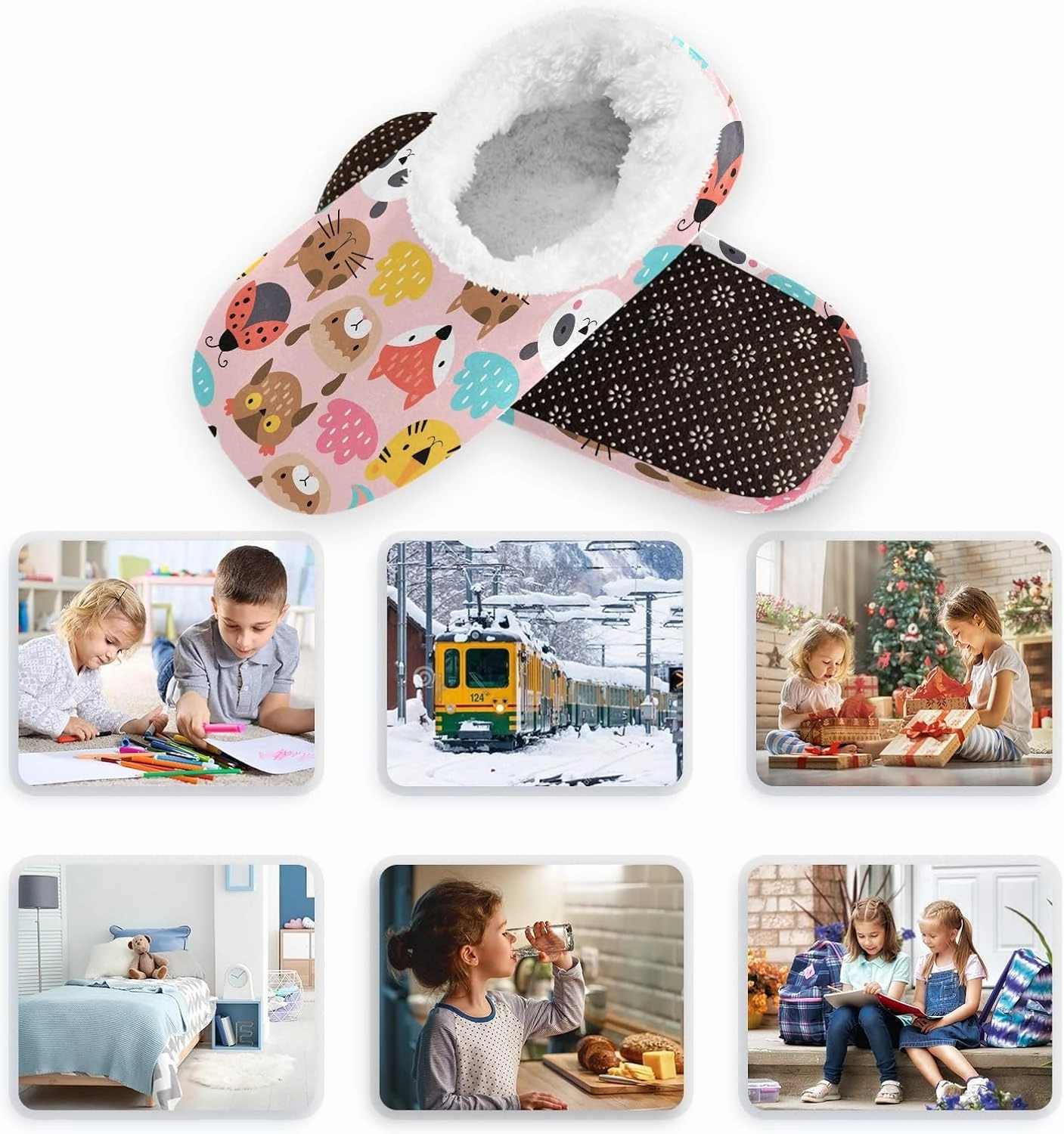 Kids Winter Slippers Cute Animals Heads Cat Tiger Fox Unicorn Warm Soft Non Slip House Slippers for Boys Girls Indoor