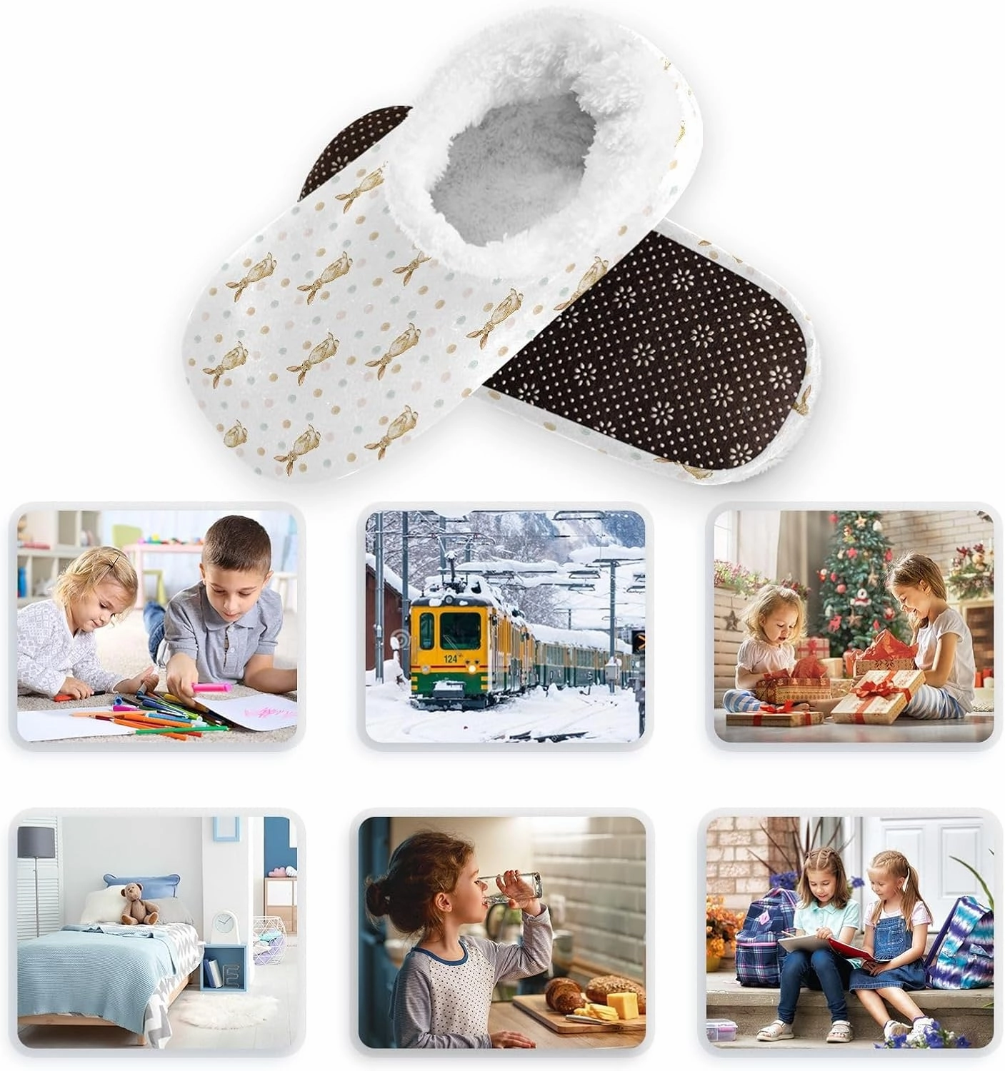 Kids Winter Slippers Watercolor Polka Dots and Bunny Rabbit Warm Soft Non Slip House Slippers for Boys Girls Indoor
