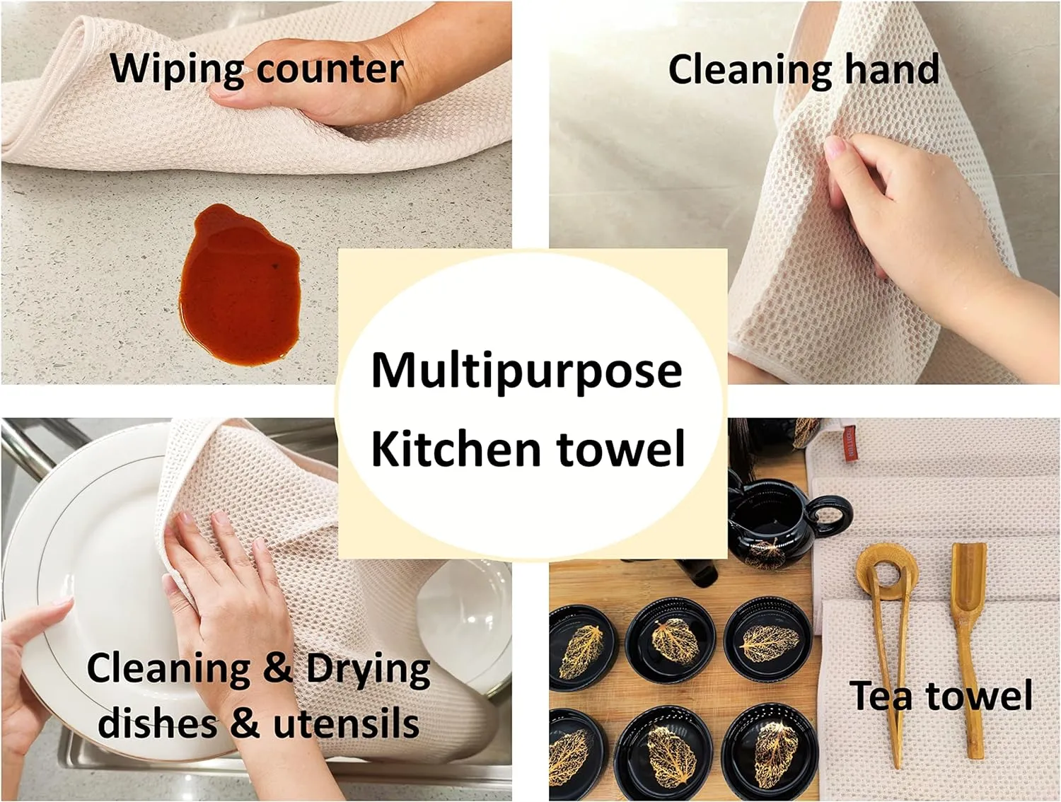 Kitchen Hand Towels 100% Cotton Waffle Weave Dish Towel for Cleaning Drying - Extra Absorbent and Soft - 13 x 28 inch (Beige-8 Pack)