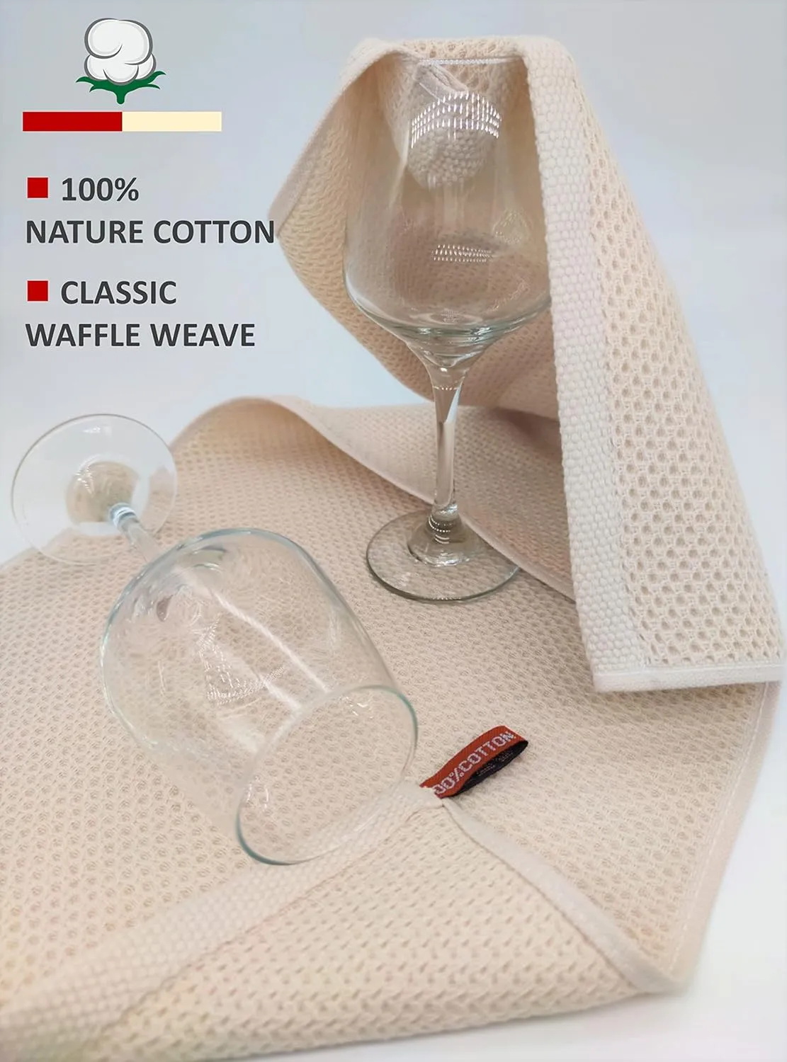 Kitchen Hand Towels 100% Cotton Waffle Weave Dish Towel for Cleaning Drying - Extra Absorbent and Soft - 13 x 28 inch (Beige-8 Pack)