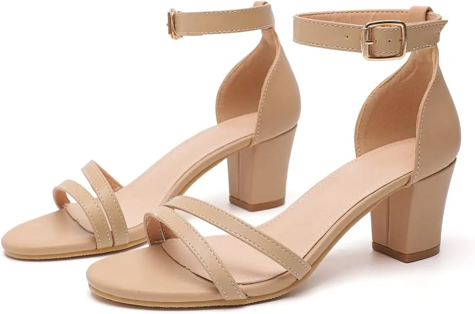 kkdom Women Fashion Open Toe Ankle Strap Chunky Heels Sexy Sandals Comfort Women Dressy Summer Shoe for Party Dating Daily Work