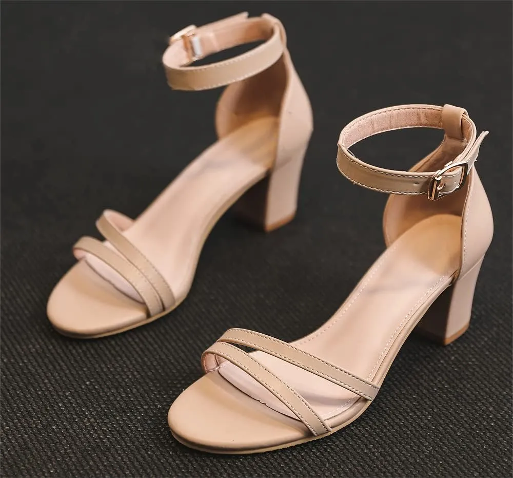 kkdom Women Fashion Open Toe Ankle Strap Chunky Heels Sexy Sandals Comfort Women Dressy Summer Shoe for Party Dating Daily Work