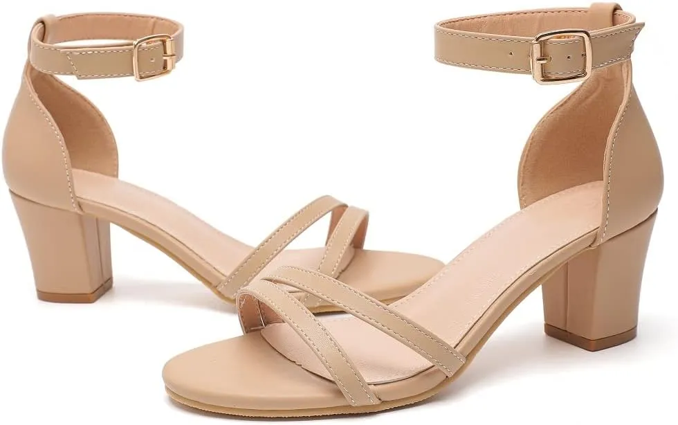 kkdom Women Fashion Open Toe Ankle Strap Chunky Heels Sexy Sandals Comfort Women Dressy Summer Shoe for Party Dating Daily Work