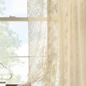 Kotile 84 Inch Beige Lace Curtains 2 Panels Set Rustic Vine Floral Embroidered Vintage Lace Curtains 84 Inches Long for Living Room, Rod Pocket Privacy Sheer Lace Curtain, Each 52 x 84 Inch