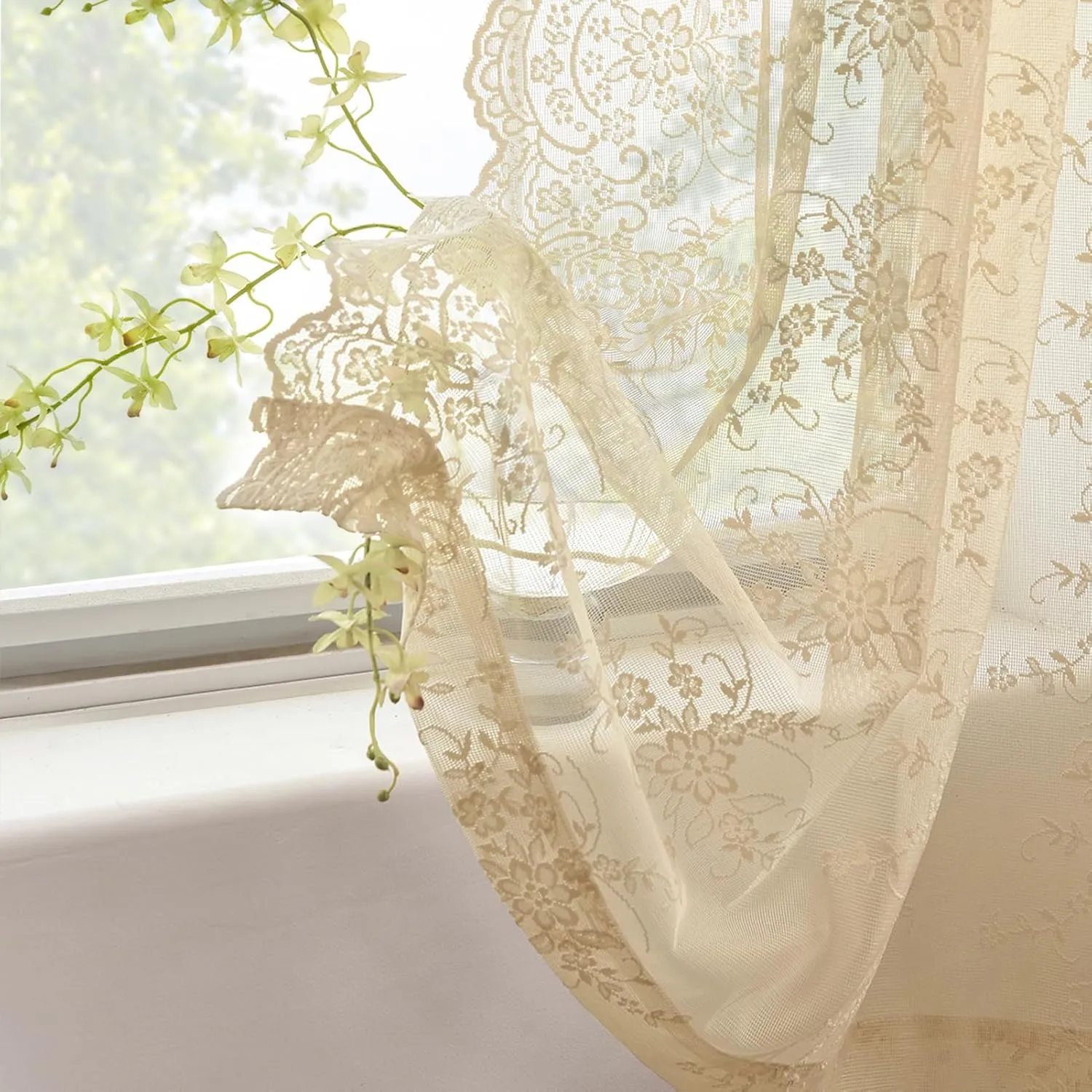Kotile 84 Inch Beige Lace Curtains 2 Panels Set Rustic Vine Floral Embroidered Vintage Lace Curtains 84 Inches Long for Living Room, Rod Pocket Privacy Sheer Lace Curtain, Each 52 x 84 Inch