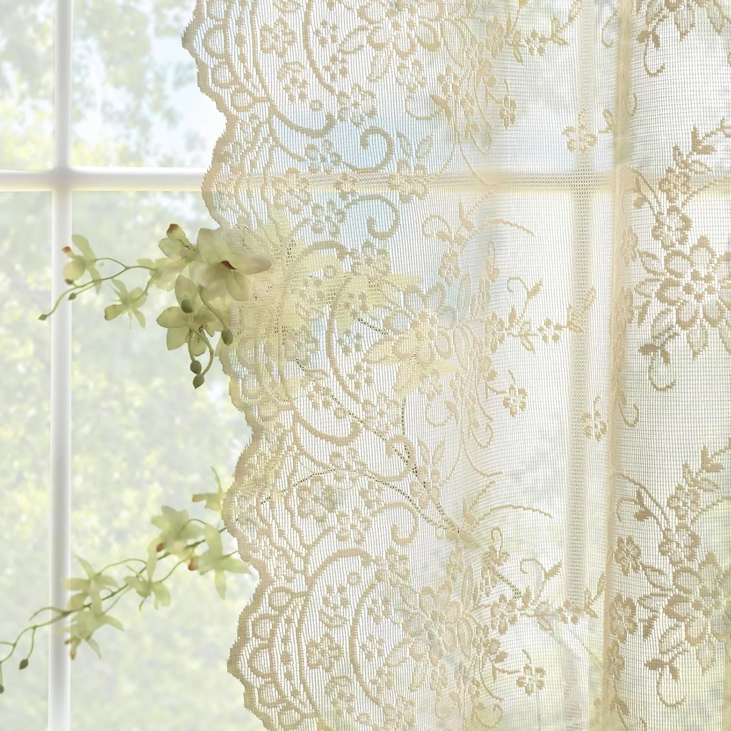 Kotile 84 Inch Beige Lace Curtains 2 Panels Set Rustic Vine Floral Embroidered Vintage Lace Curtains 84 Inches Long for Living Room, Rod Pocket Privacy Sheer Lace Curtain, Each 52 x 84 Inch