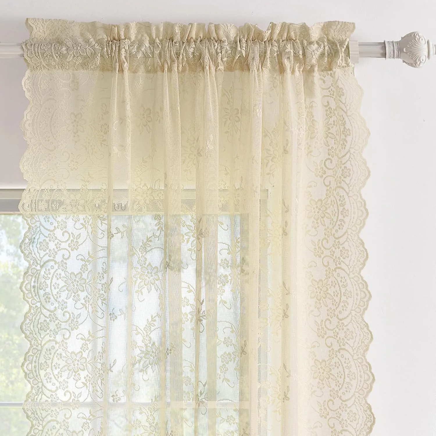 Kotile 84 Inch Beige Lace Curtains 2 Panels Set Rustic Vine Floral Embroidered Vintage Lace Curtains 84 Inches Long for Living Room, Rod Pocket Privacy Sheer Lace Curtain, Each 52 x 84 Inch