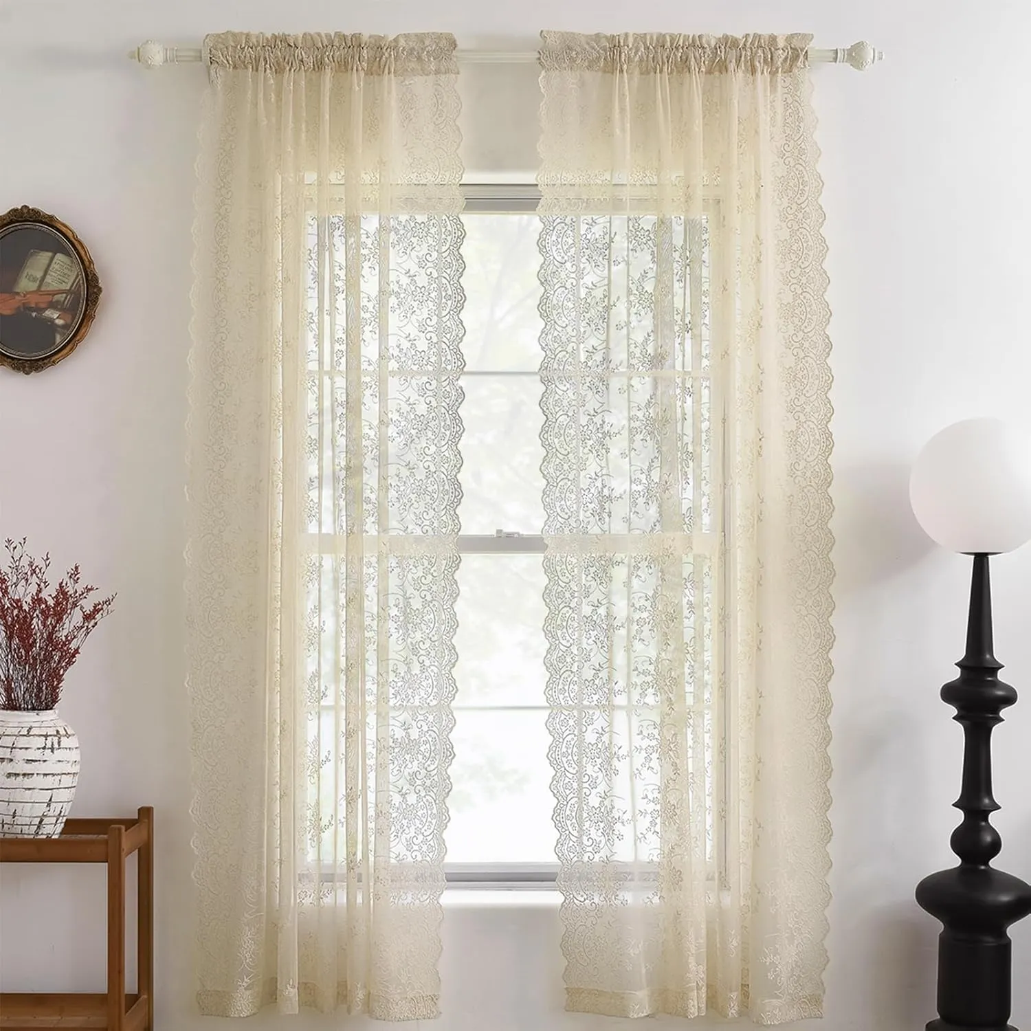 Kotile 84 Inch Beige Lace Curtains 2 Panels Set Rustic Vine Floral Embroidered Vintage Lace Curtains 84 Inches Long for Living Room, Rod Pocket Privacy Sheer Lace Curtain, Each 52 x 84 Inch