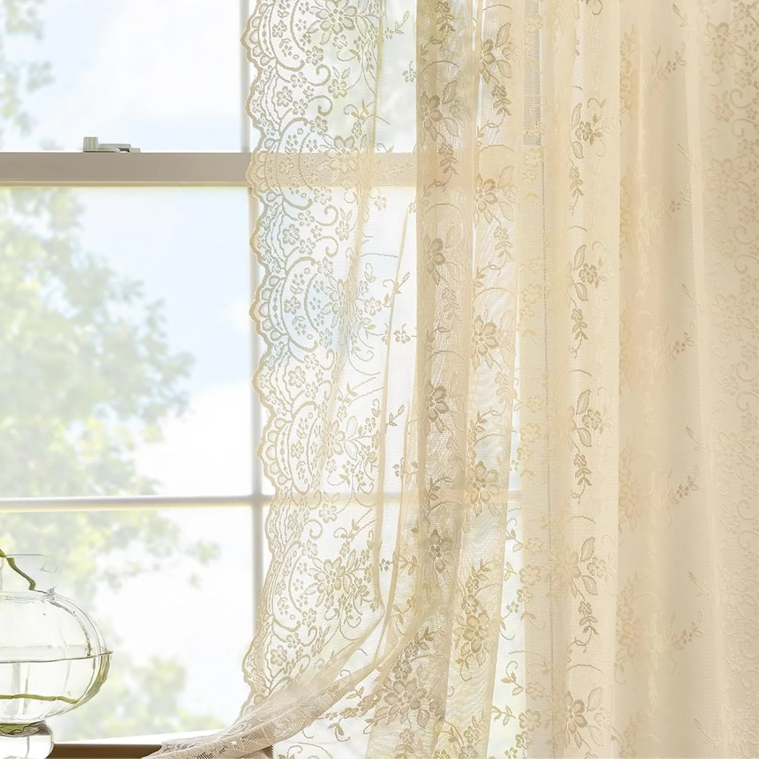 Kotile 84 Inch Beige Lace Curtains 2 Panels Set Rustic Vine Floral Embroidered Vintage Lace Curtains 84 Inches Long for Living Room, Rod Pocket Privacy Sheer Lace Curtain, Each 52 x 84 Inch