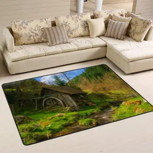 Kuizee Area Rug ﻿Oil Painting Green Mountain Forest Cabin Stream Nature Rectangle Oversize Doormat Coral Fleece Living Room Parlour Bedroom Home Decor Carpet 5'x3'3"