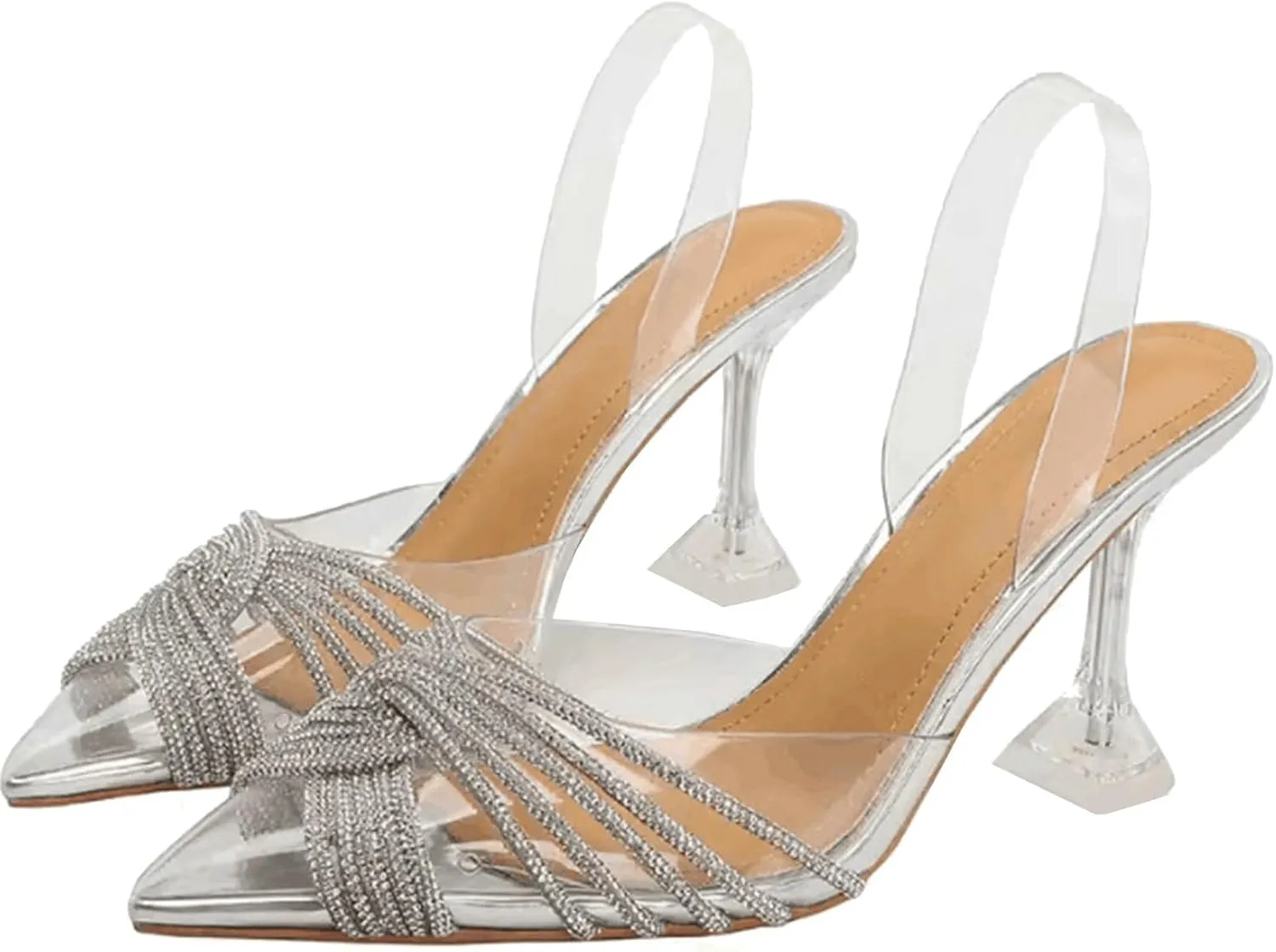 KysBloes Women Clear Slingback Pumps Rhinestone Stiletto High Heel Pumps Pointed Toe Glitter Pumps Sexy Dress Shoes