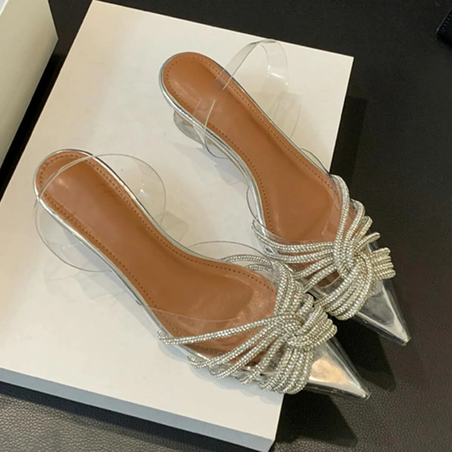 KysBloes Women Clear Slingback Pumps Rhinestone Stiletto High Heel Pumps Pointed Toe Glitter Pumps Sexy Dress Shoes