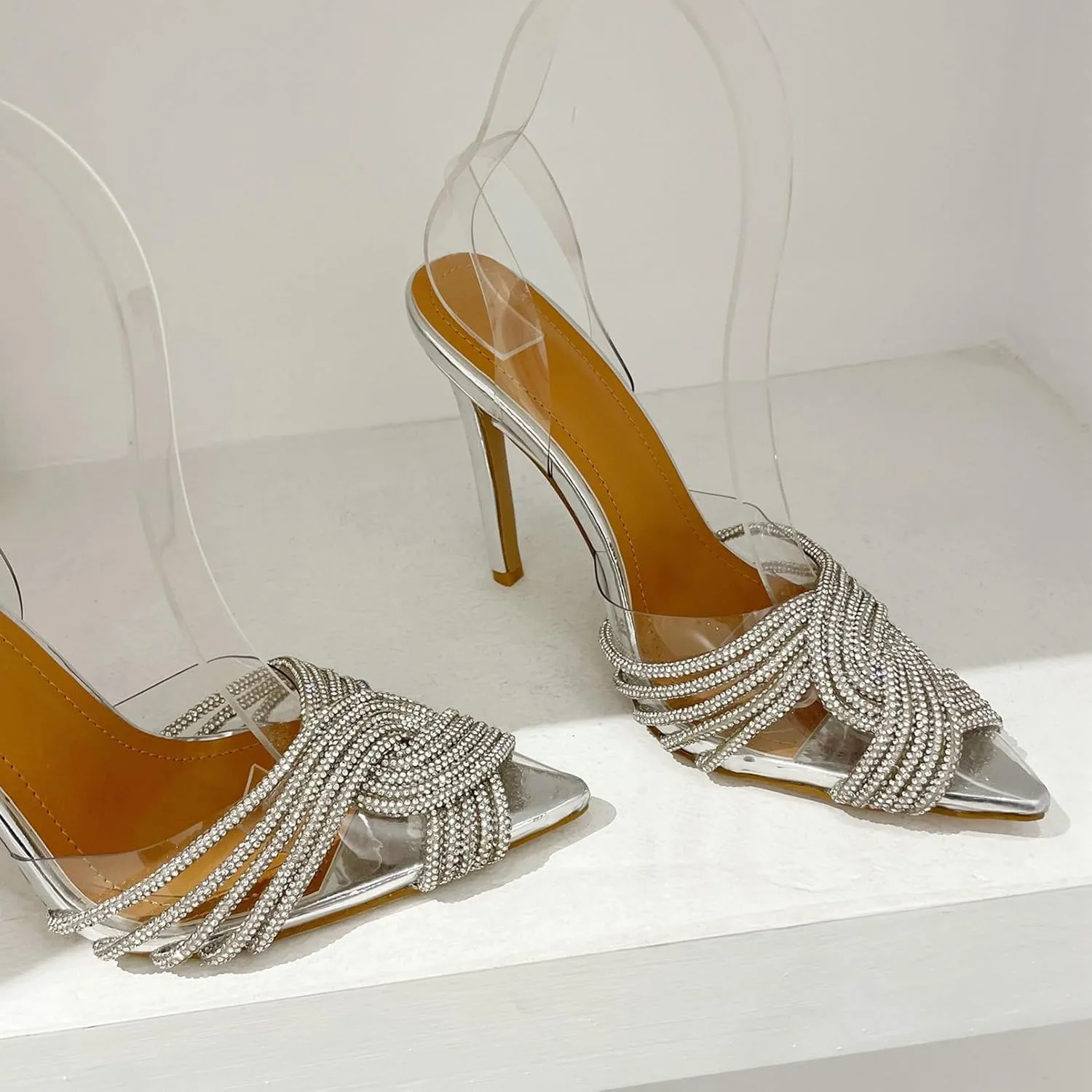 KysBloes Women Clear Slingback Pumps Rhinestone Stiletto High Heel Pumps Pointed Toe Glitter Pumps Sexy Dress Shoes