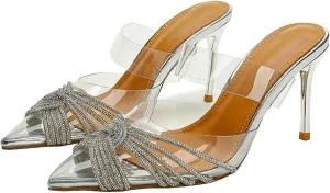 KysBloes Women Clear Slingback Pumps Rhinestone Stiletto High Heel Pumps Pointed Toe Glitter Pumps Sexy Dress Shoes