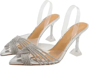 KysBloes Women Clear Slingback Pumps Rhinestone Stiletto High Heel Pumps Pointed Toe Glitter Pumps Sexy Dress Shoes