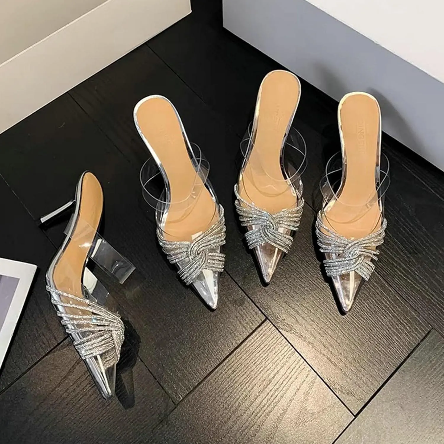 KysBloes Women Clear Slingback Pumps Rhinestone Stiletto High Heel Pumps Pointed Toe Glitter Pumps Sexy Dress Shoes