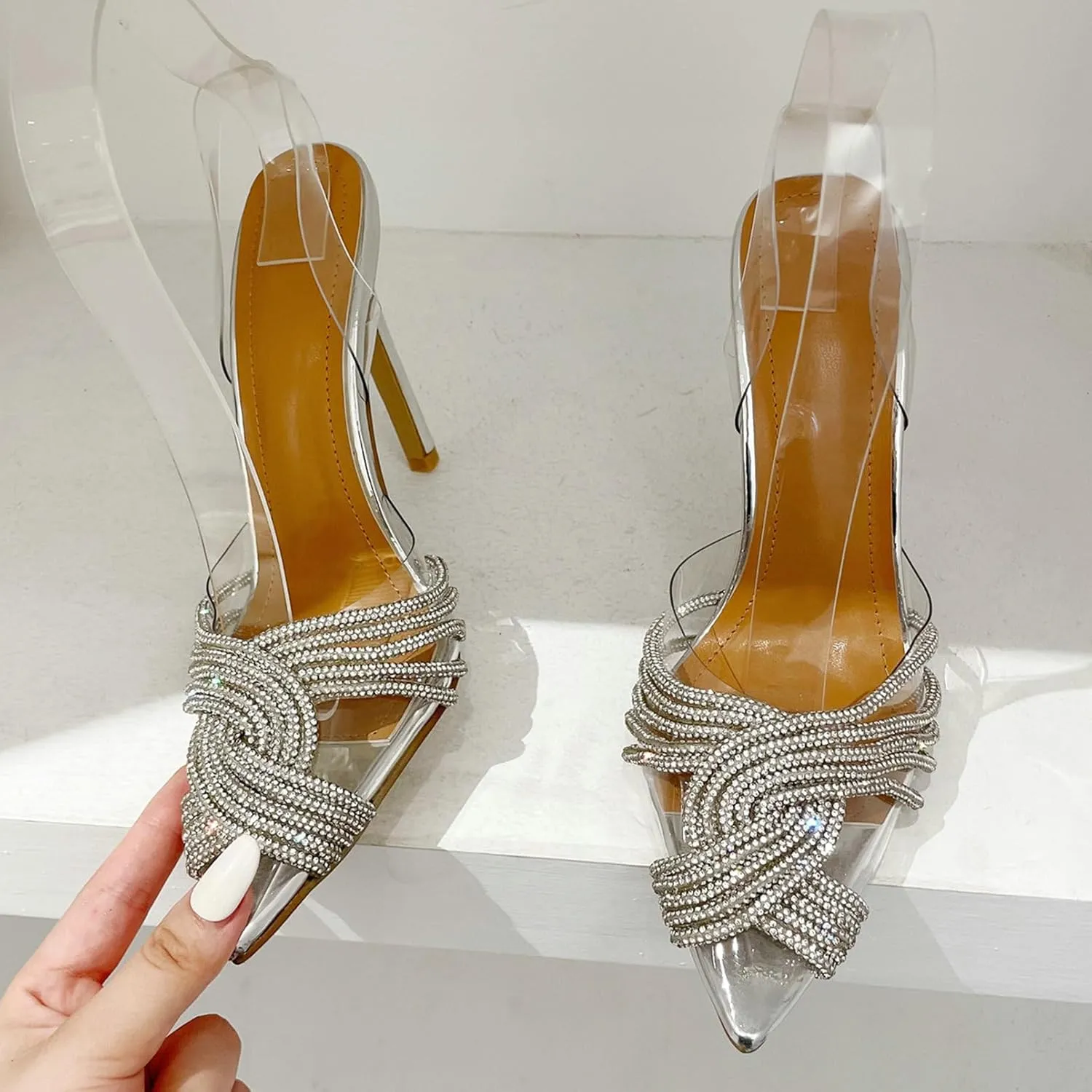 KysBloes Women Clear Slingback Pumps Rhinestone Stiletto High Heel Pumps Pointed Toe Glitter Pumps Sexy Dress Shoes