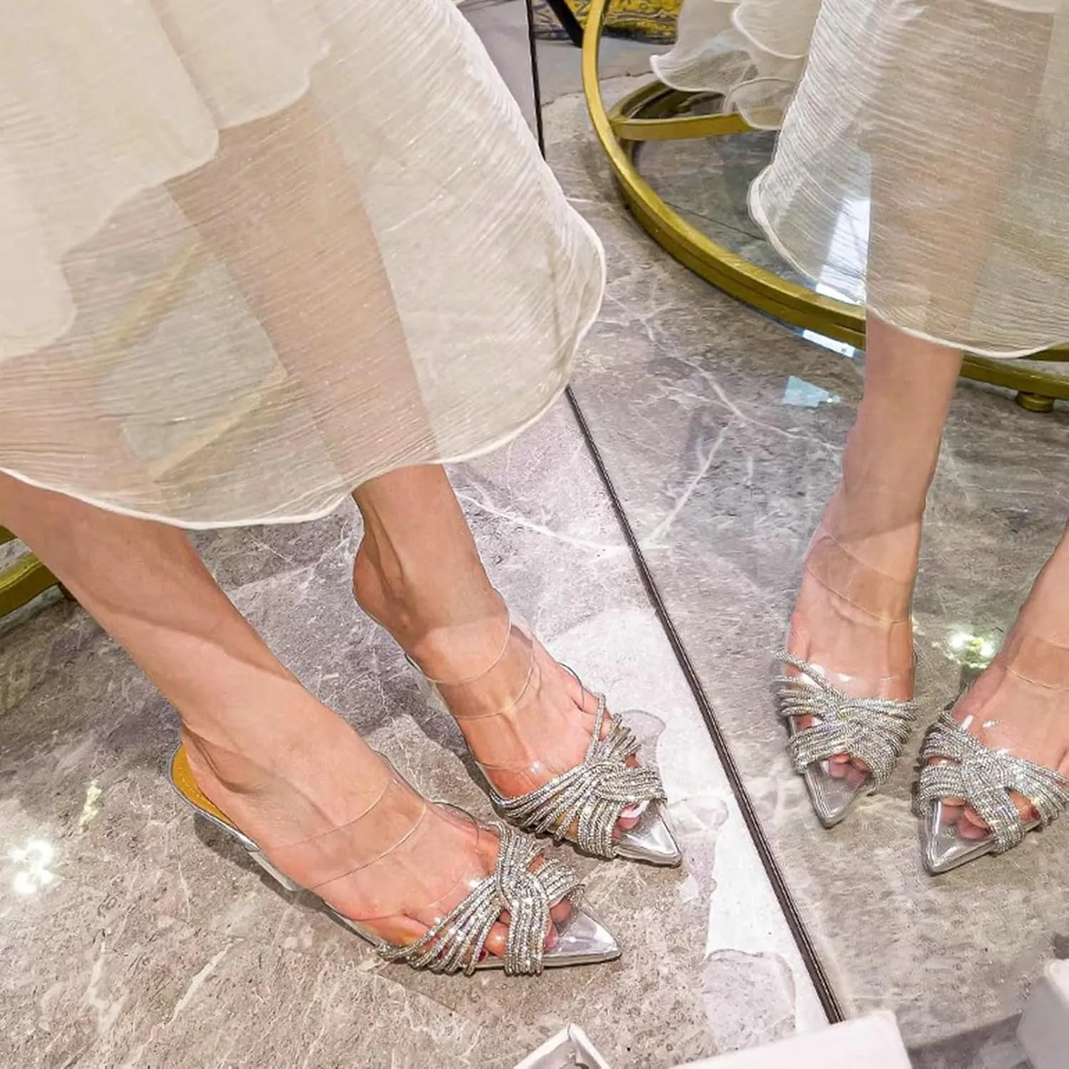 KysBloes Women Clear Slingback Pumps Rhinestone Stiletto High Heel Pumps Pointed Toe Glitter Pumps Sexy Dress Shoes