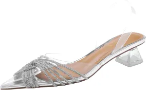 KysBloes Women Clear Slingback Pumps Rhinestone Stiletto High Heel Pumps Pointed Toe Glitter Pumps Sexy Dress Shoes