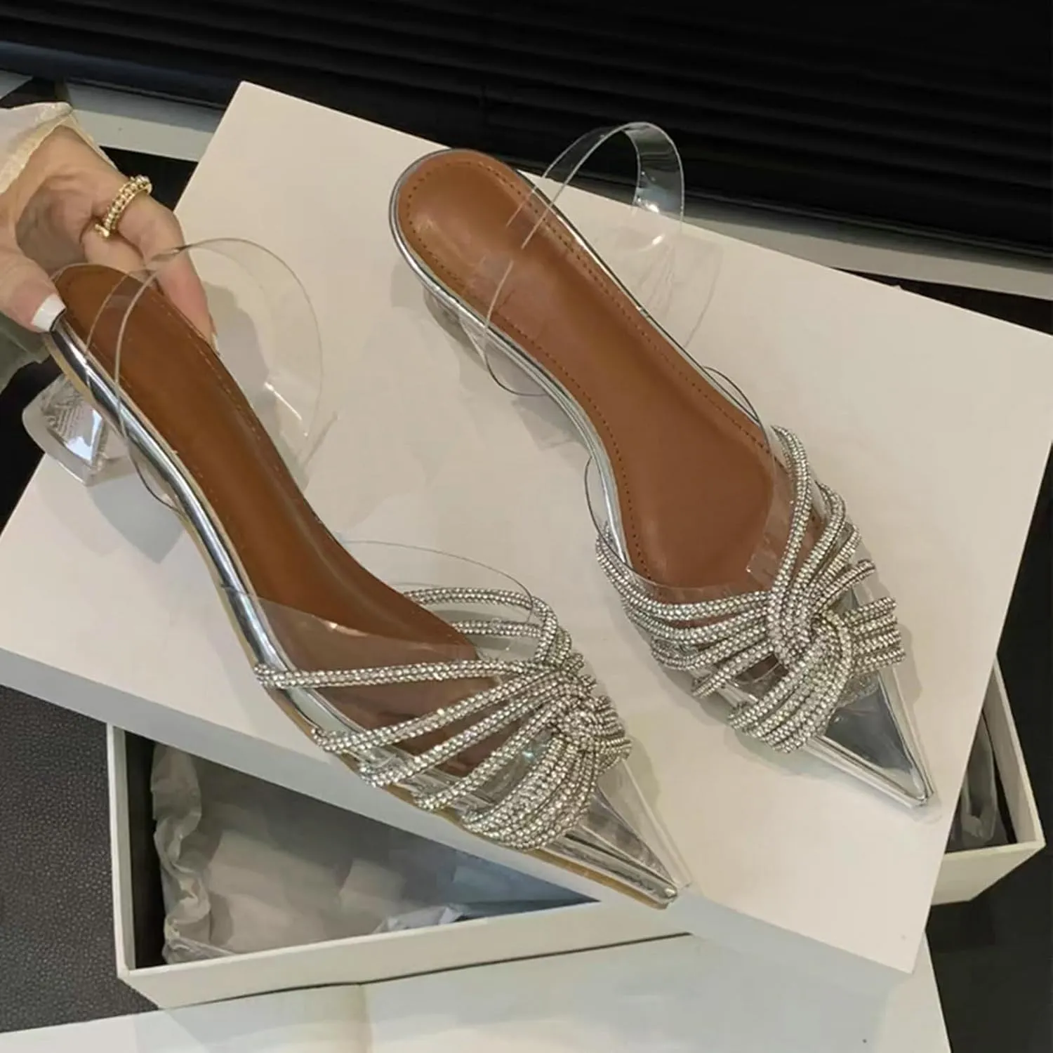 KysBloes Women Clear Slingback Pumps Rhinestone Stiletto High Heel Pumps Pointed Toe Glitter Pumps Sexy Dress Shoes