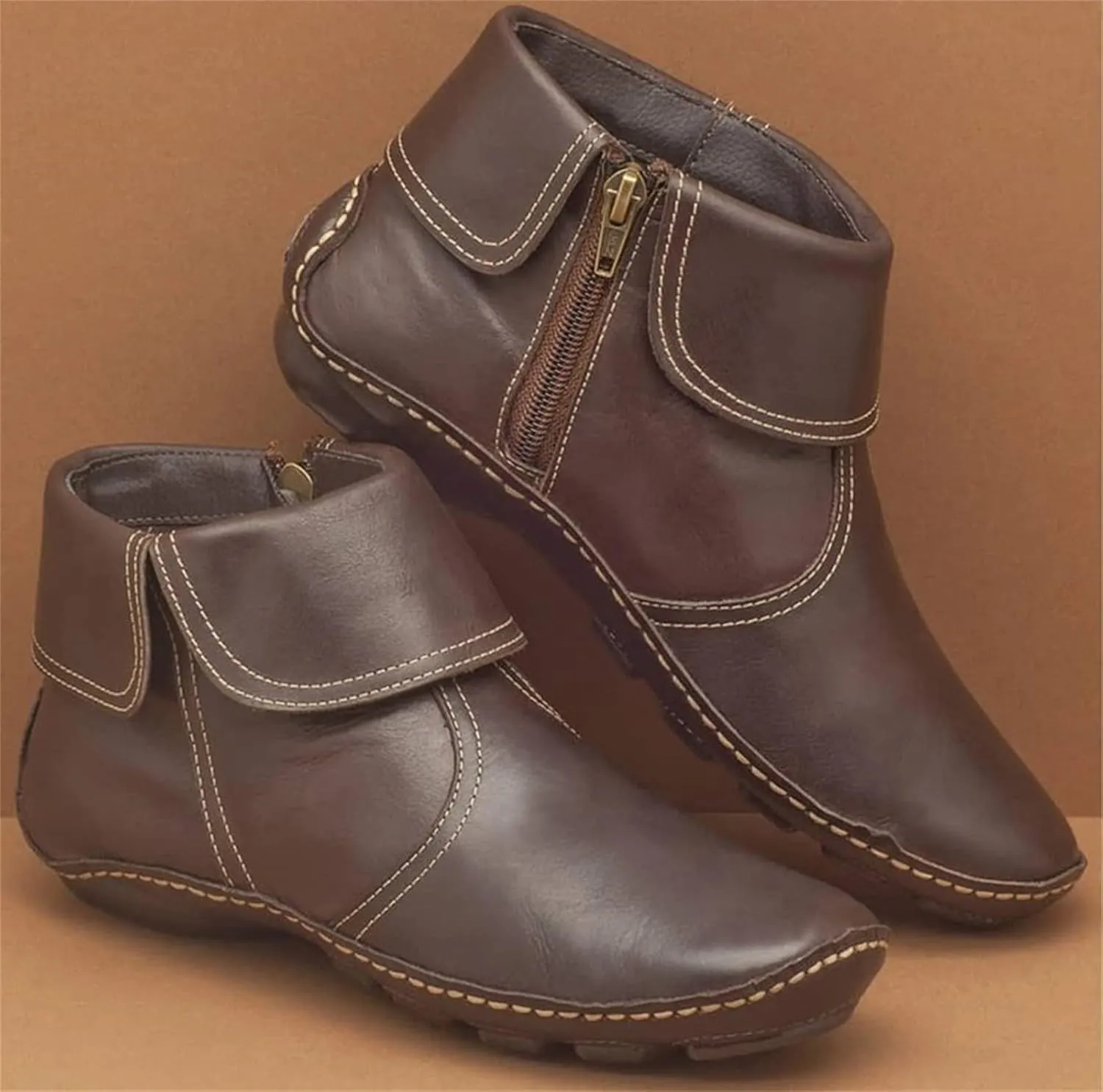 Ladmiple Ankle Boots For Women No Heel Casual Side Zipper Western Cowgirl Cowboy Booties Short Combat Walking Shoes