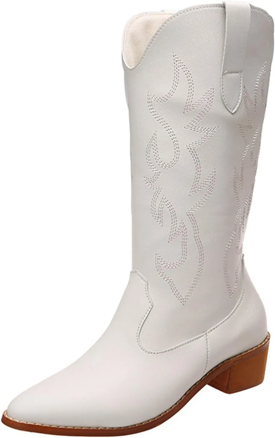 Ladmiple Cowgirl Boots Women Knee High Embroidered Western Boots Chunky Heel Stitching Pull On Cowboy Boots for Ladies