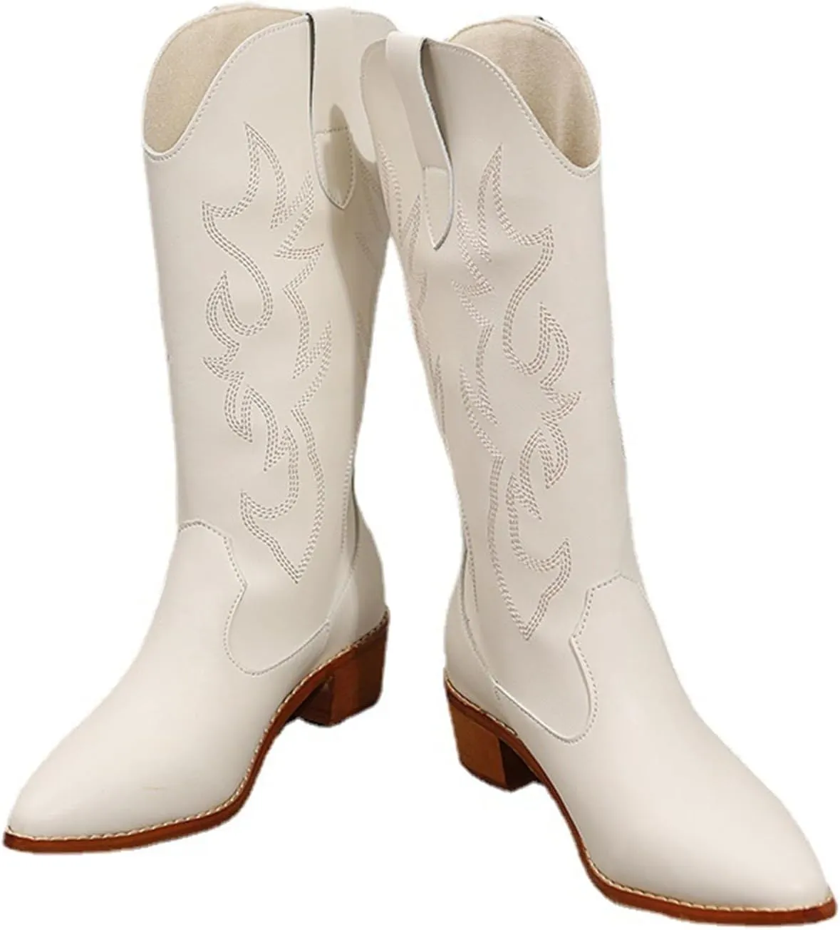 Ladmiple Cowgirl Boots Women Knee High Embroidered Western Boots Chunky Heel Stitching Pull On Cowboy Boots for Ladies