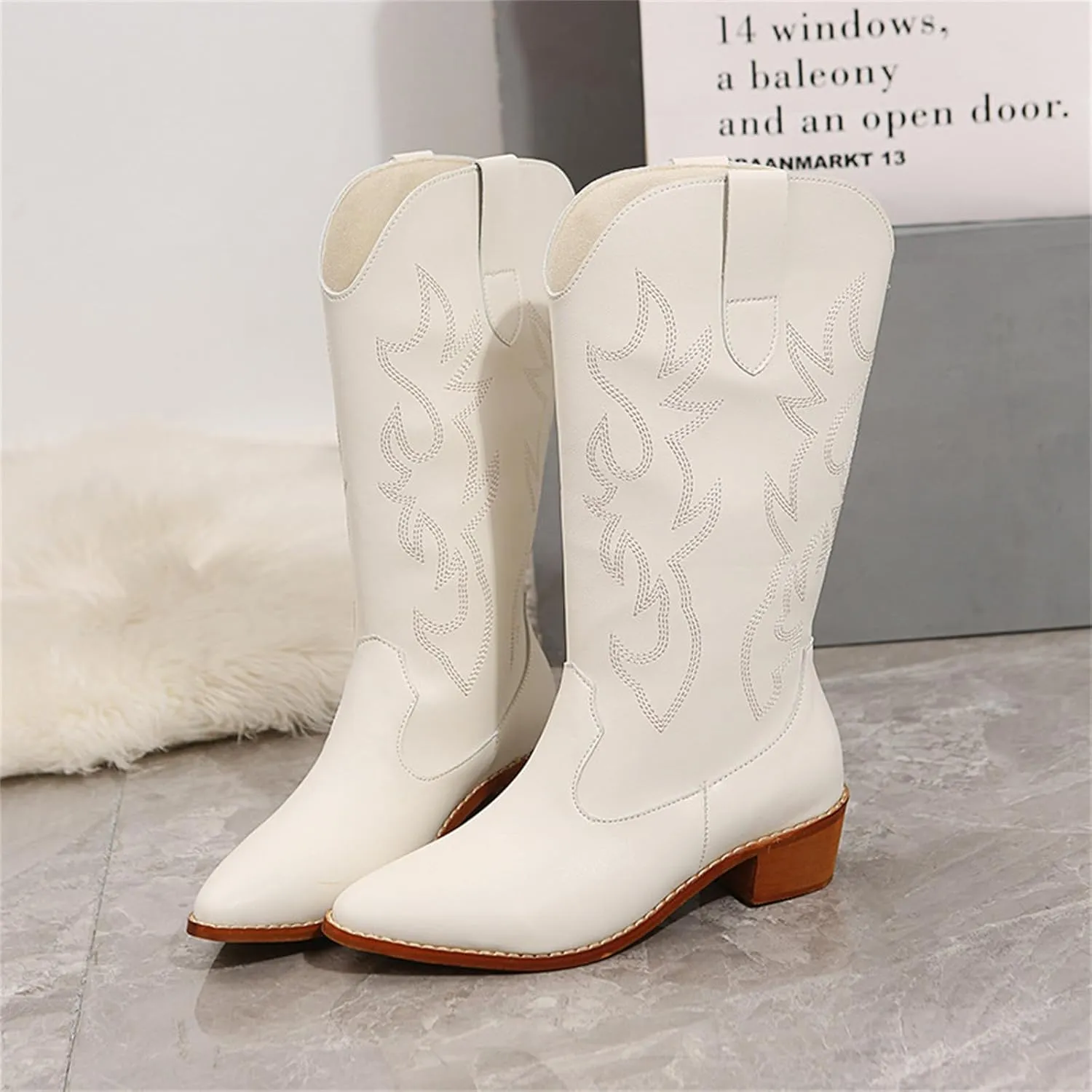 Ladmiple Cowgirl Boots Women Knee High Embroidered Western Boots Chunky Heel Stitching Pull On Cowboy Boots for Ladies