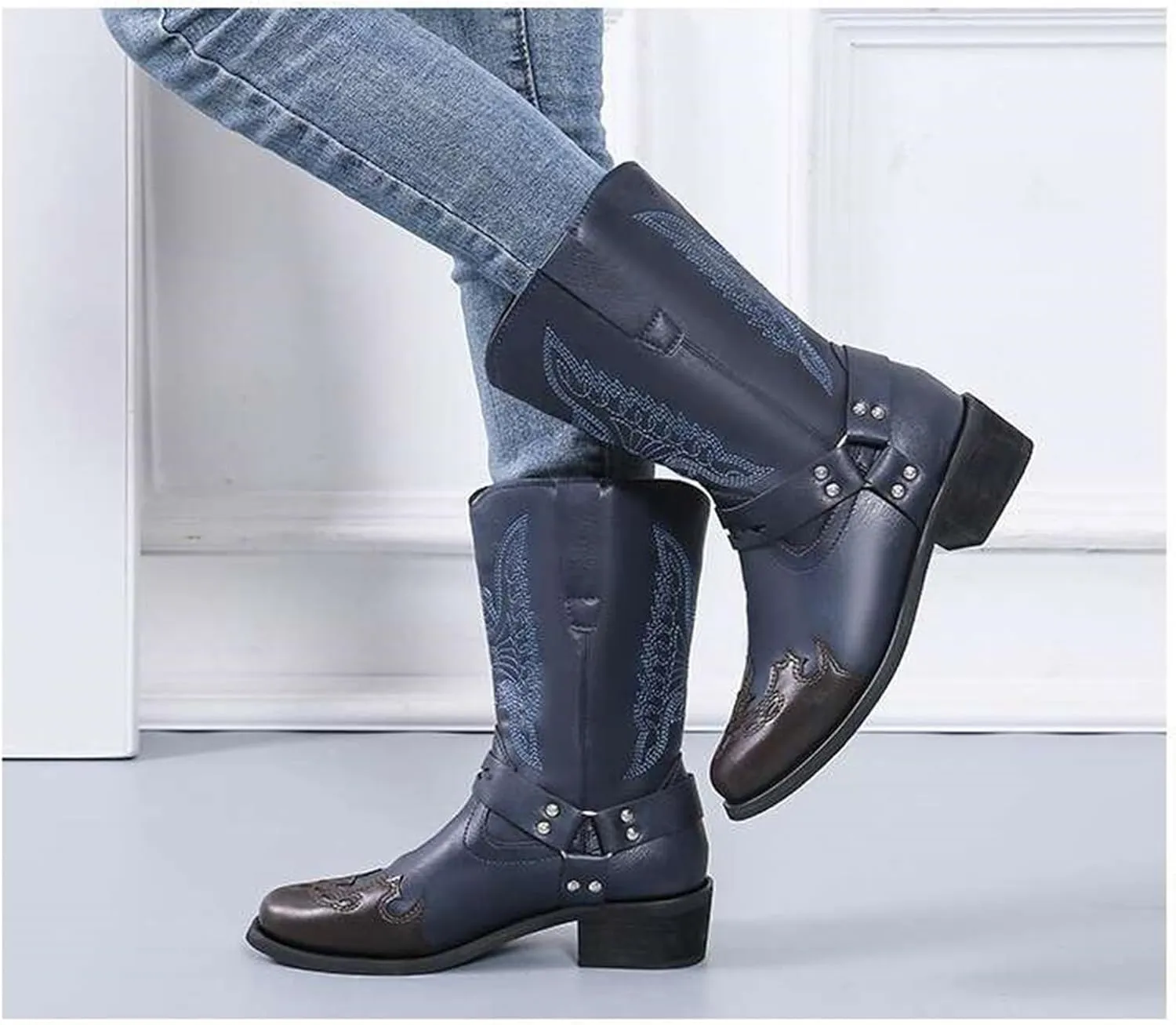 Ladmiple Cowgirl Boots Women Wide Calf Knee High Embroidered Pull On Cowboy Western Chunky Heel Mid Calf Wedding Boots