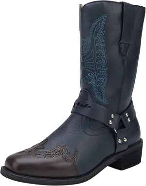 Ladmiple Cowgirl Boots Women Wide Calf Knee High Embroidered Pull On Cowboy Western Chunky Heel Mid Calf Wedding Boots