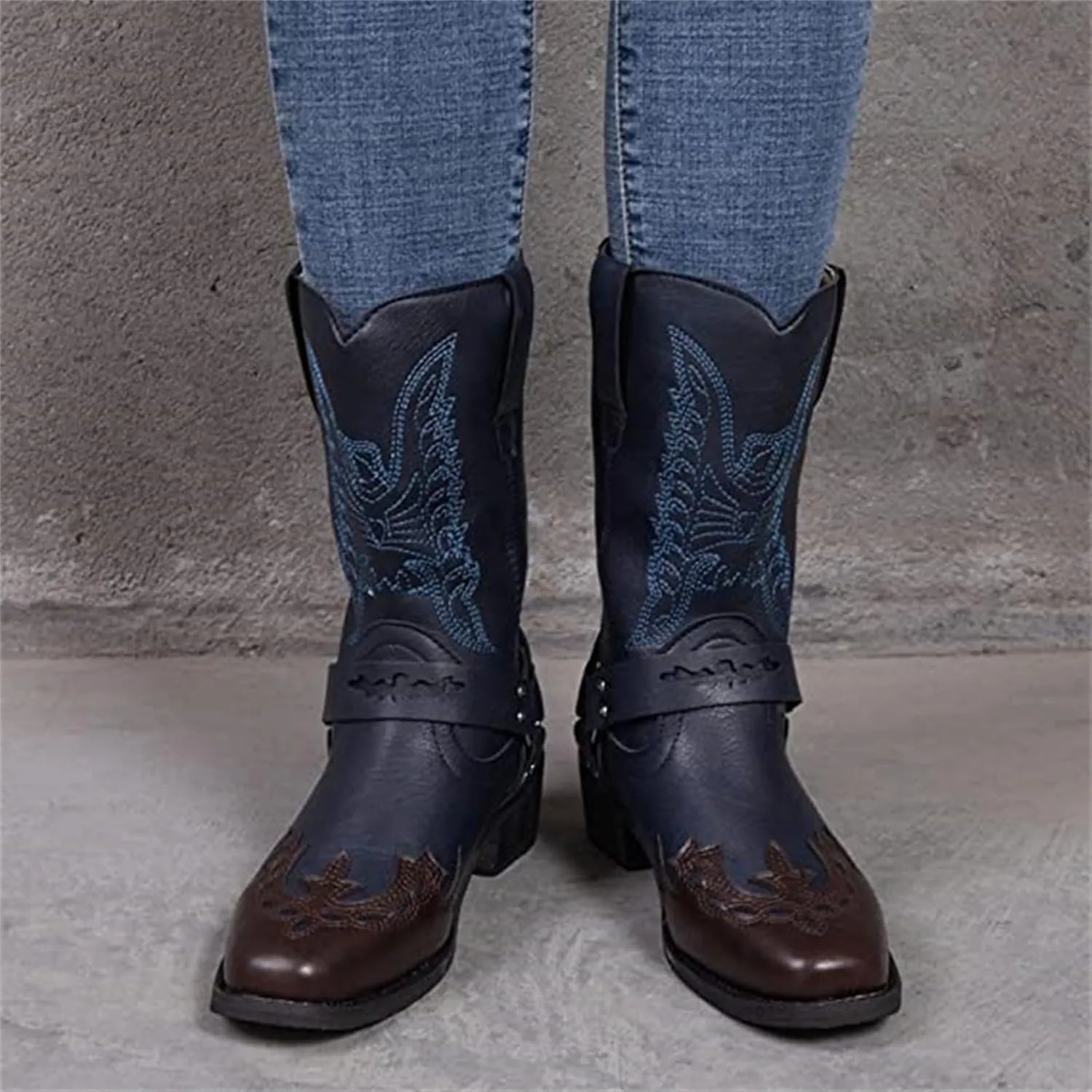 Ladmiple Cowgirl Boots Women Wide Calf Knee High Embroidered Pull On Cowboy Western Chunky Heel Mid Calf Wedding Boots