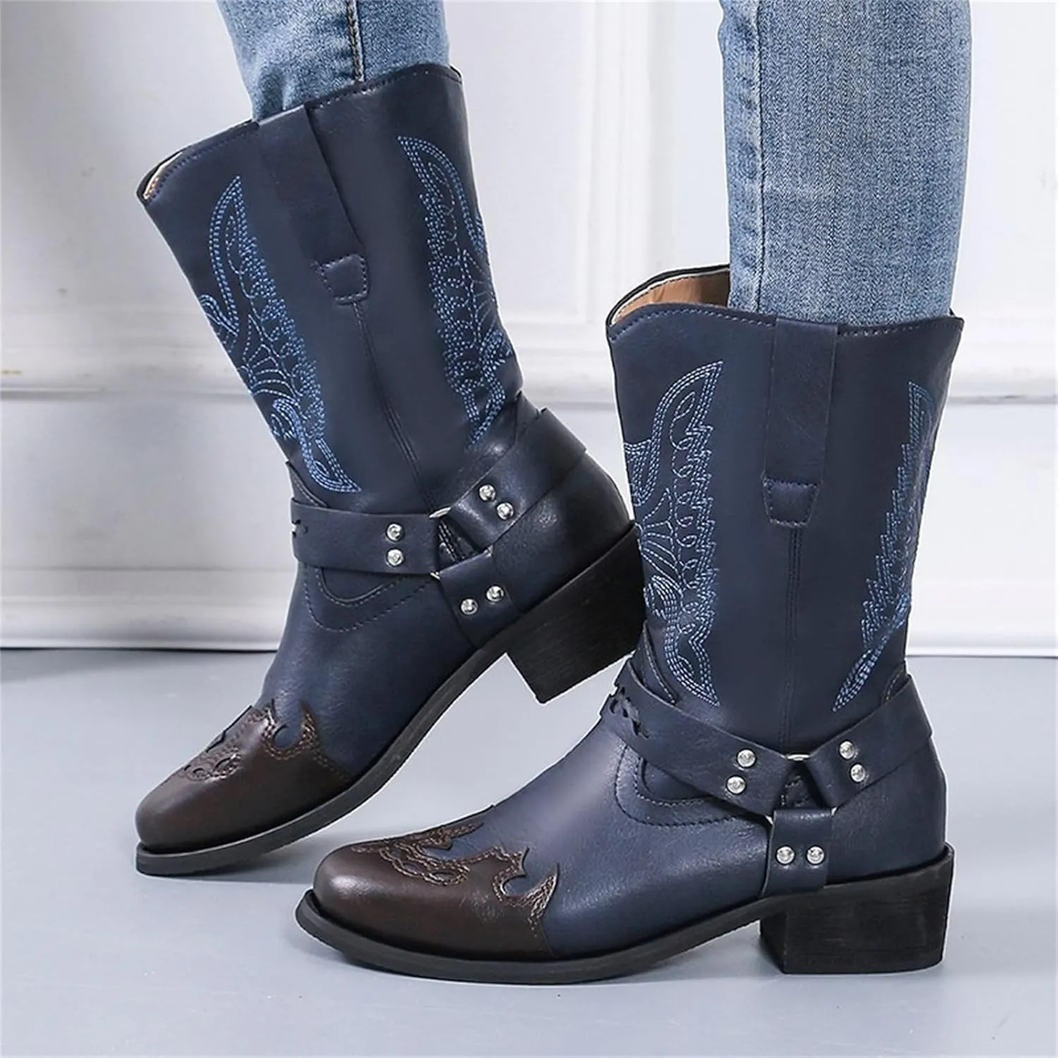 Ladmiple Cowgirl Boots Women Wide Calf Knee High Embroidered Pull On Cowboy Western Chunky Heel Mid Calf Wedding Boots