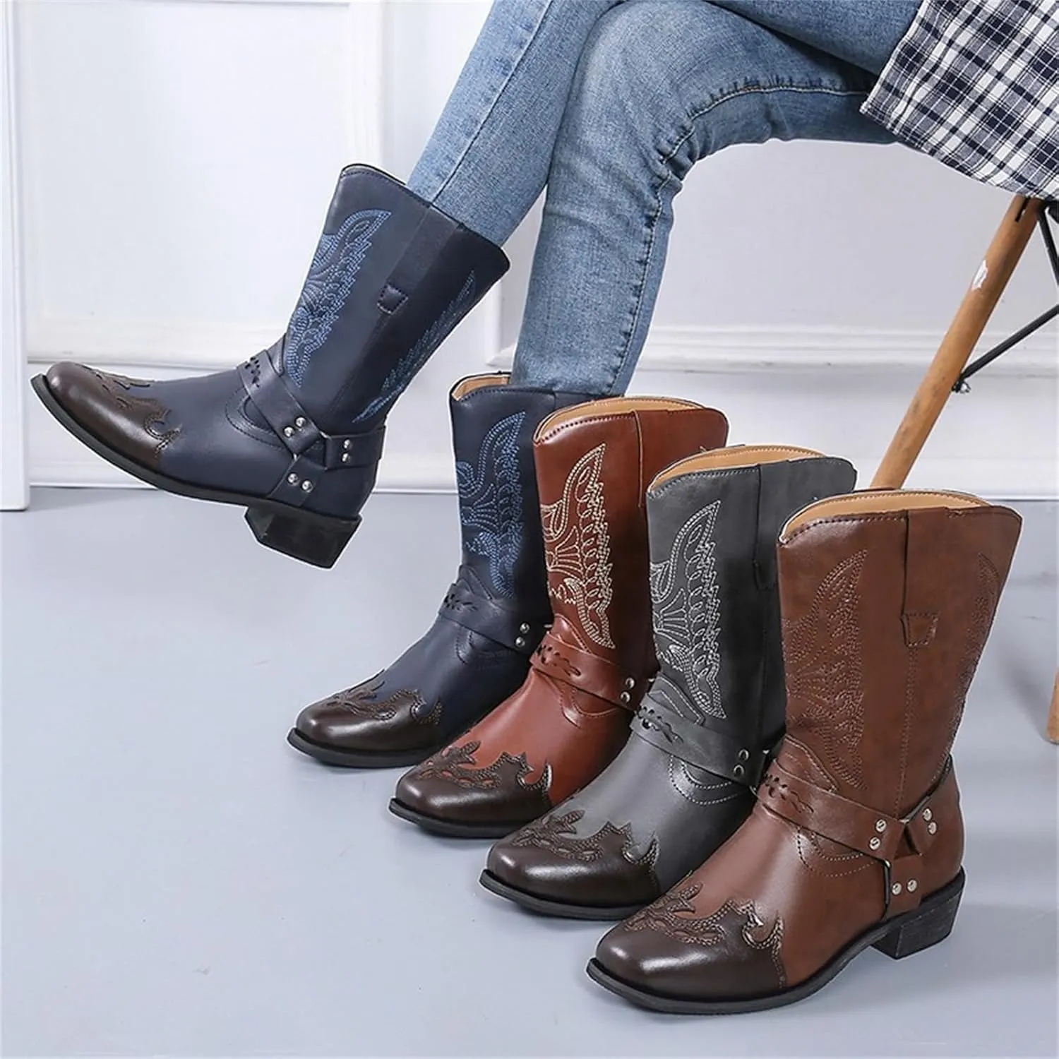 Ladmiple Cowgirl Boots Women Wide Calf Knee High Embroidered Pull On Cowboy Western Chunky Heel Mid Calf Wedding Boots