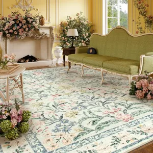 Lahome Boho Rugs for Living Room, Large 8 x 10 Area Rugs for Living Room Non Slip,Soft Ultra-Thin Distressed Floral Throw Carpet for Bedroom Office Dining Room, Cream/Multi