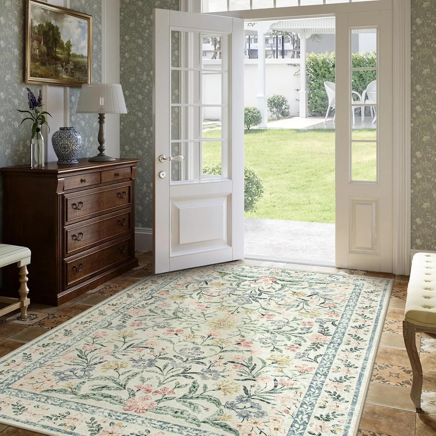 Lahome Boho Rugs for Living Room, Large 8 x 10 Area Rugs for Living Room Non Slip,Soft Ultra-Thin Distressed Floral Throw Carpet for Bedroom Office Dining Room, Cream/Multi