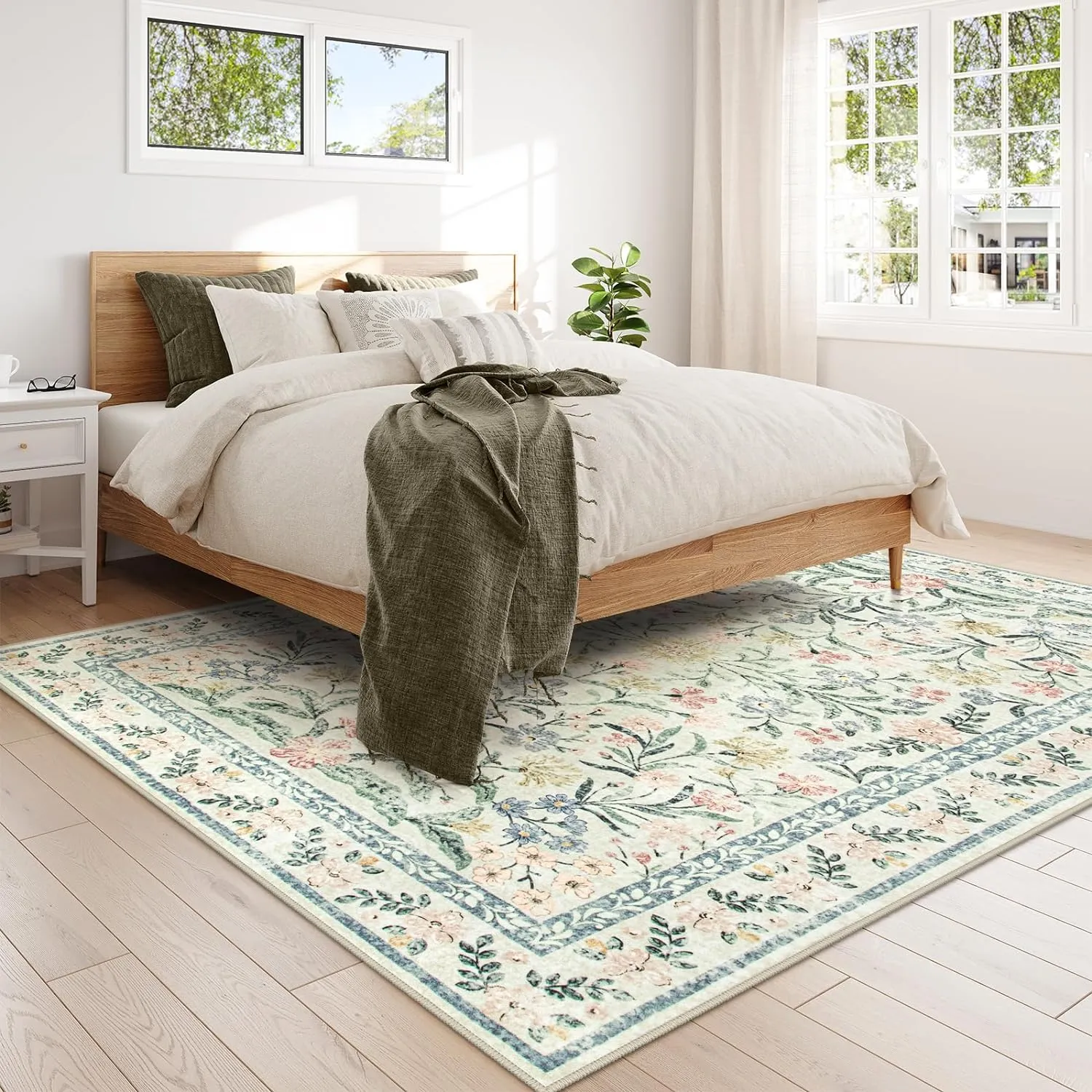Lahome Boho Rugs for Living Room, Large 8 x 10 Area Rugs for Living Room Non Slip,Soft Ultra-Thin Distressed Floral Throw Carpet for Bedroom Office Dining Room, Cream/Multi