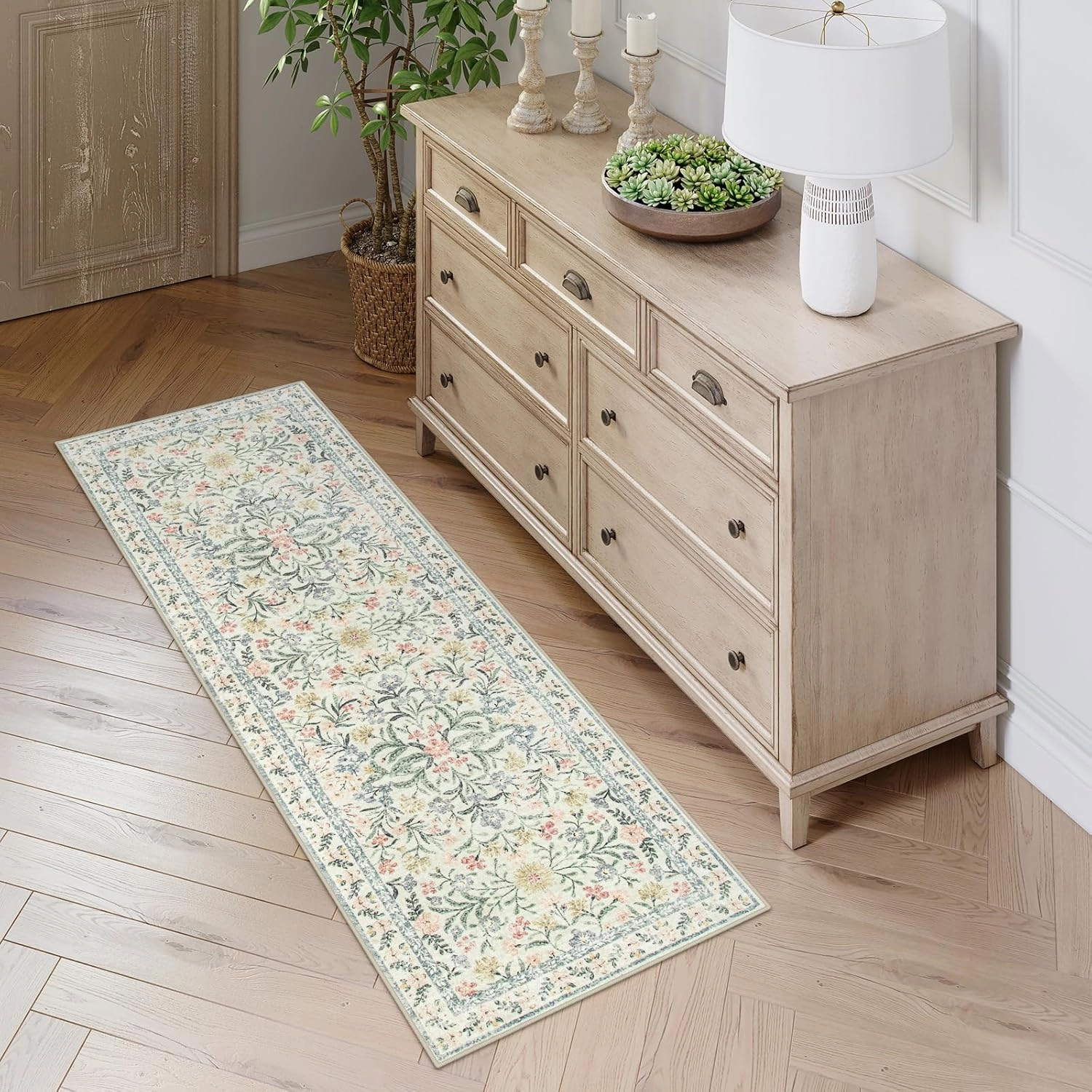 Lahome Washable Runner Rug 2x6, Boho Kitchen Runner Rugs 24 x 72 Non Slip,Vintage Indoor Throw Carpet for Hallway Entry Bedroom Laundry Bedside, Beige/Multi