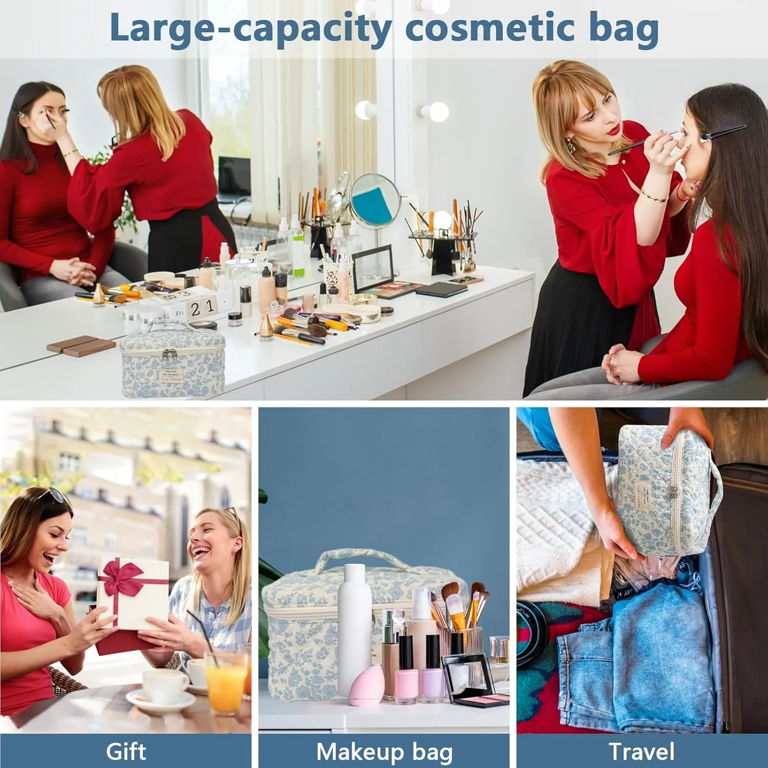 Large Makeup Bag, Cute Cosmetic Bag for Women Girls, Floral Coquette Aesthetic Toiletry Bag, Travel Make Up Organizer Bag (Pink Small Butterfly)
