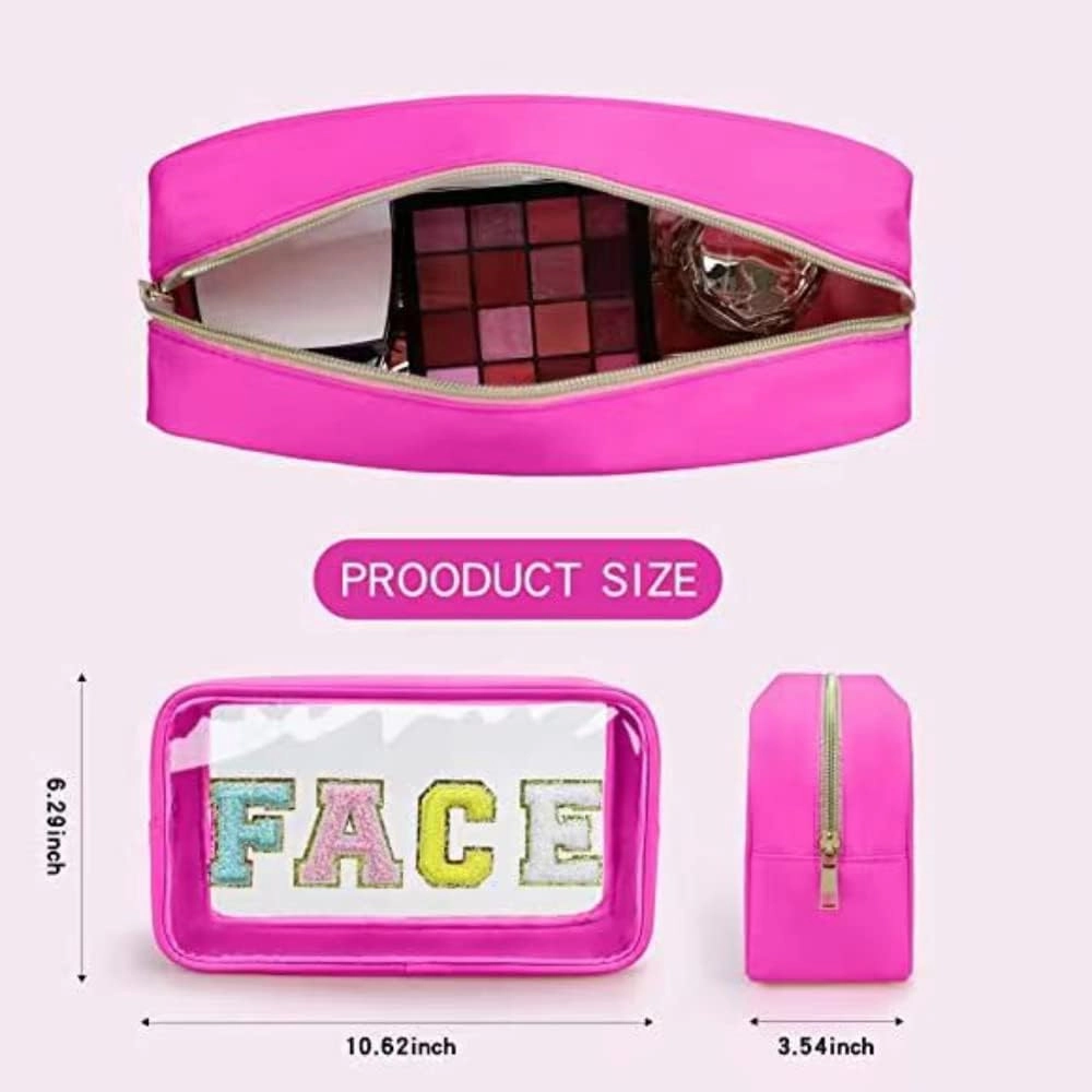 Large Clear Chenille Letters Makeup Bag for Travel,Beach, Clear Glitter Preppy Patch Stuff Cosmetic Bag,Clear Toiletry Stuff Pouch for Women for Valentines Day Gifts (10.62*6.29*3.54 inch,Pink)