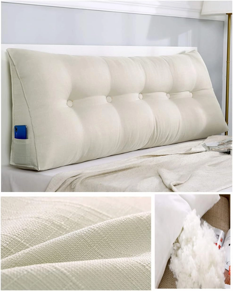 Large Triangular Wedge Headboard Pillow Soft Cotton Linen Backrest Pillows for Sitting in Bed Bed Back Positioning Support Daybed Reading Pillows with Removable Cover,Beige,Twin/39inch/100cm