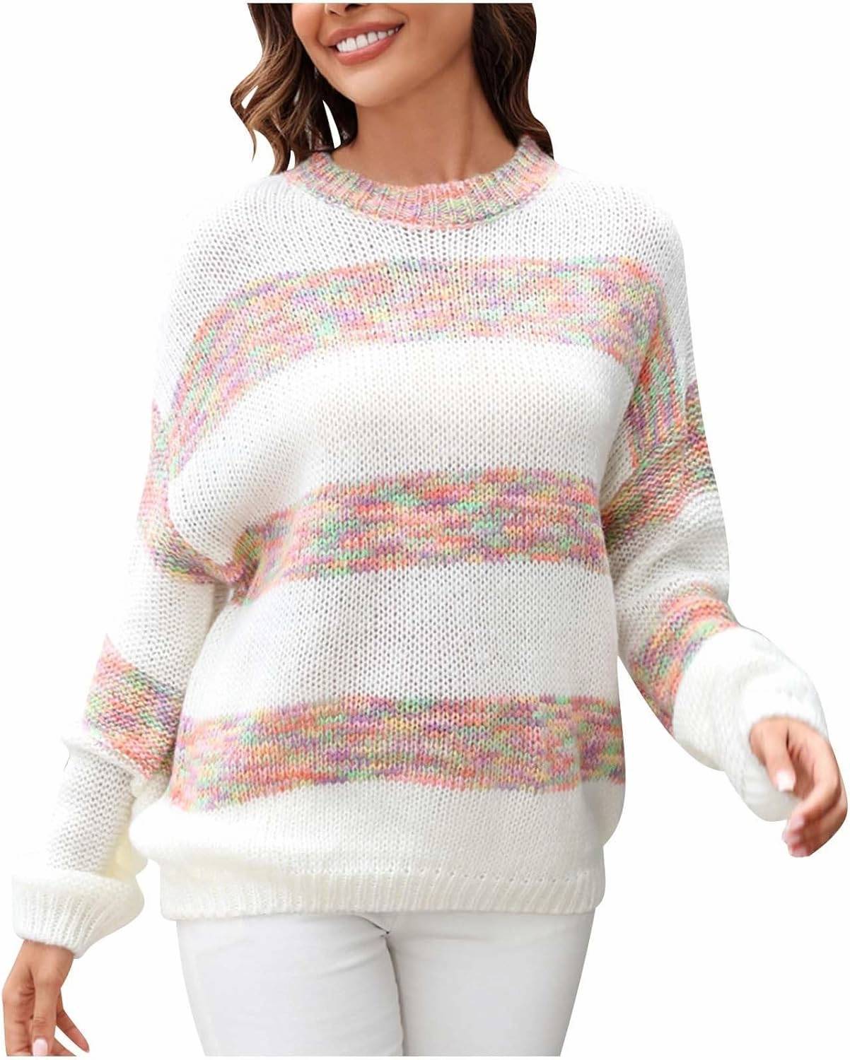 Lastesso Sweaters for Women Trendy Soft Long Sleeve Crewneck Knitted Sweater Casual Color Block Loose Fit Preppy Outfits