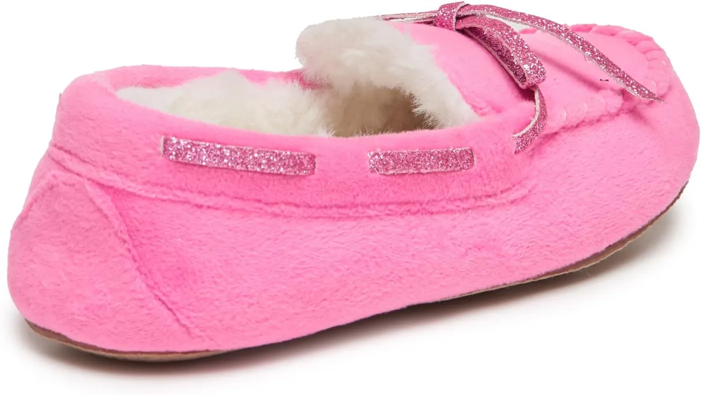 Laura Ashley Fleece Girls Moccasin Slippers, Indoor Outdoor Easy to Wear Home Shoes for Kids