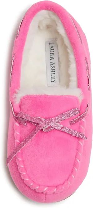 Laura Ashley Fleece Girls Moccasin Slippers, Indoor Outdoor Easy to Wear Home Shoes for Kids