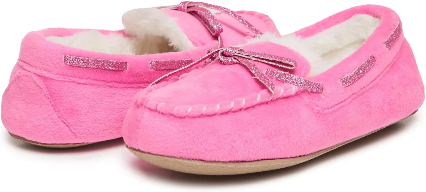 Laura Ashley Fleece Girls Moccasin Slippers, Indoor Outdoor Easy to Wear Home Shoes for Kids