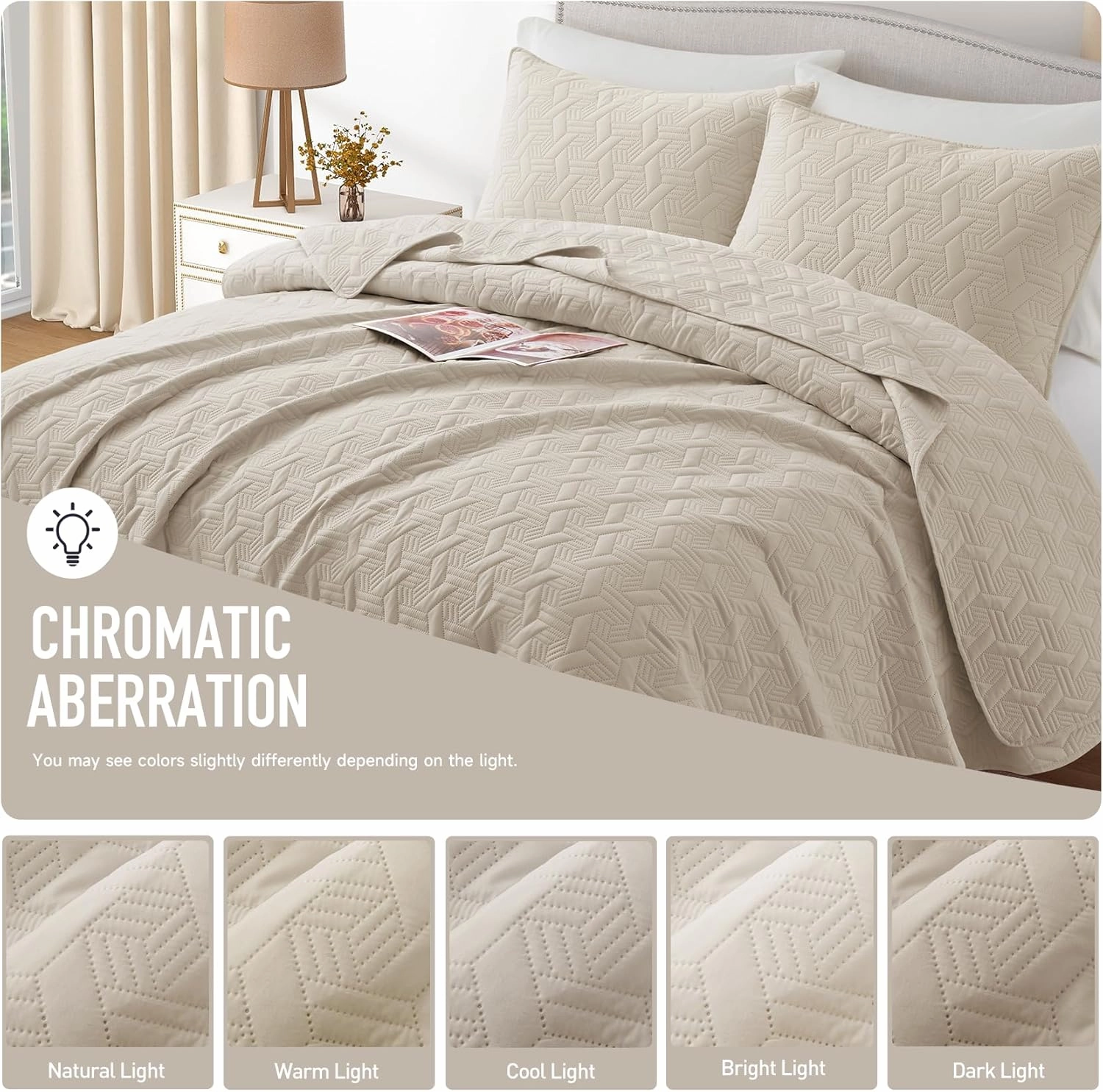 Lavsiry Beige Quilt King Size Bedding Set, Summer Thin Microfiber Quilted Bedspread & Coverlet, Soft Lightweight Comforter for All Seasons - 3 Piece(1 Quilt, 2 Pillow Shams)
