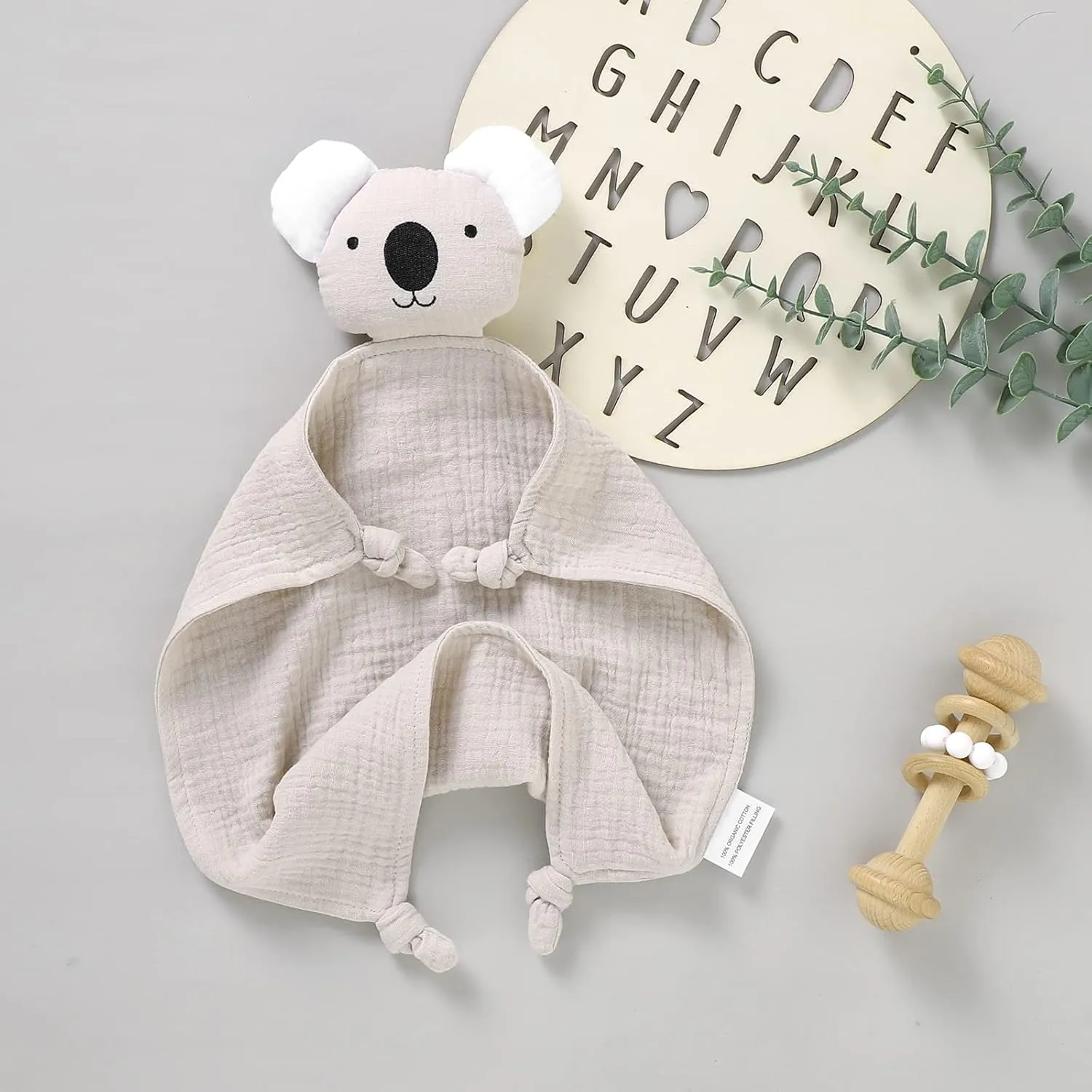 LAWKUL Baby Lovey Organic Cotton Muslin Security Blanket Soft Loveys Breathable Lovie for Babies Boy Girls Unisex Koala Beige