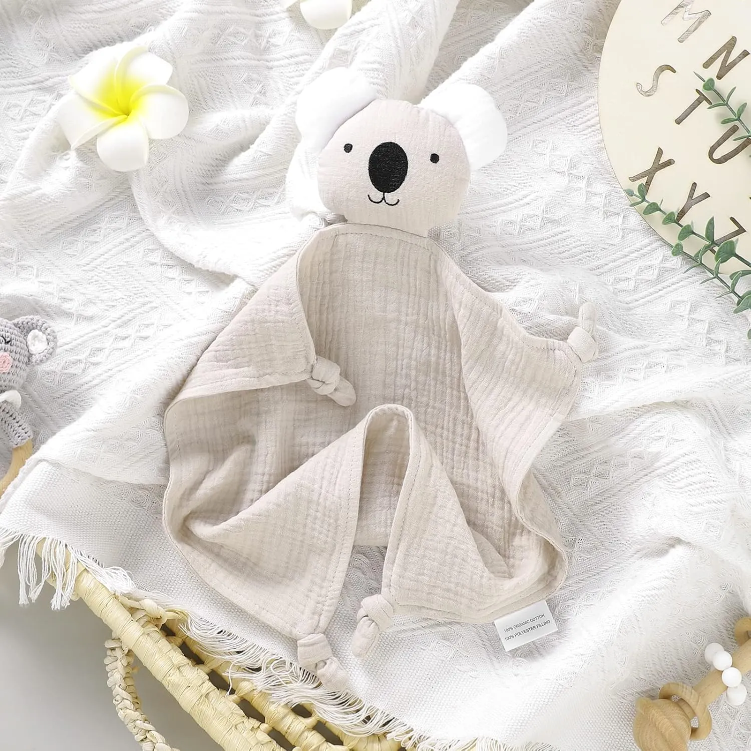 LAWKUL Baby Lovey Organic Cotton Muslin Security Blanket Soft Loveys Breathable Lovie for Babies Boy Girls Unisex Koala Beige