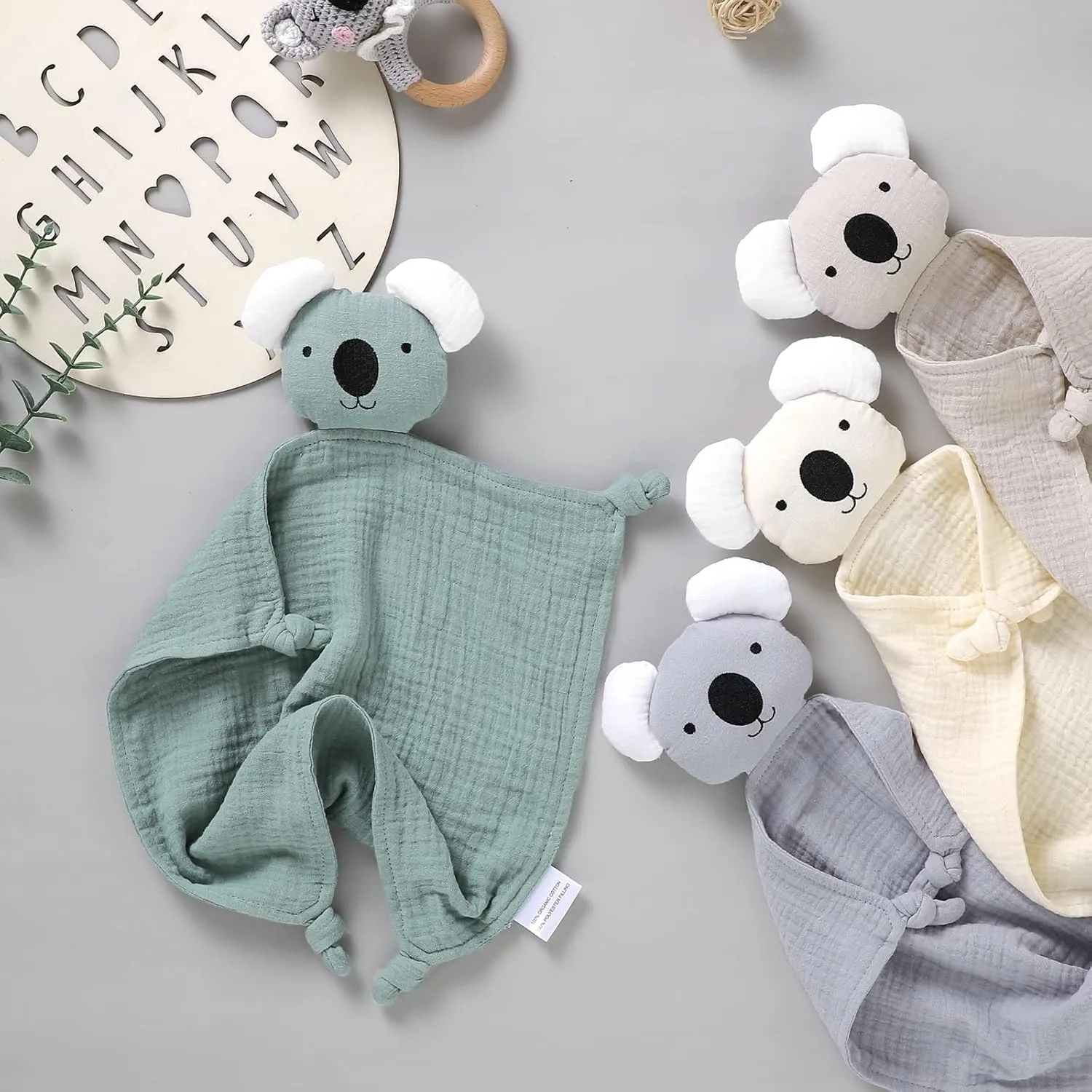 LAWKUL Baby Lovey Organic Cotton Muslin Security Blanket Soft Loveys Breathable Lovie for Babies Boy Girls Unisex Koala Beige